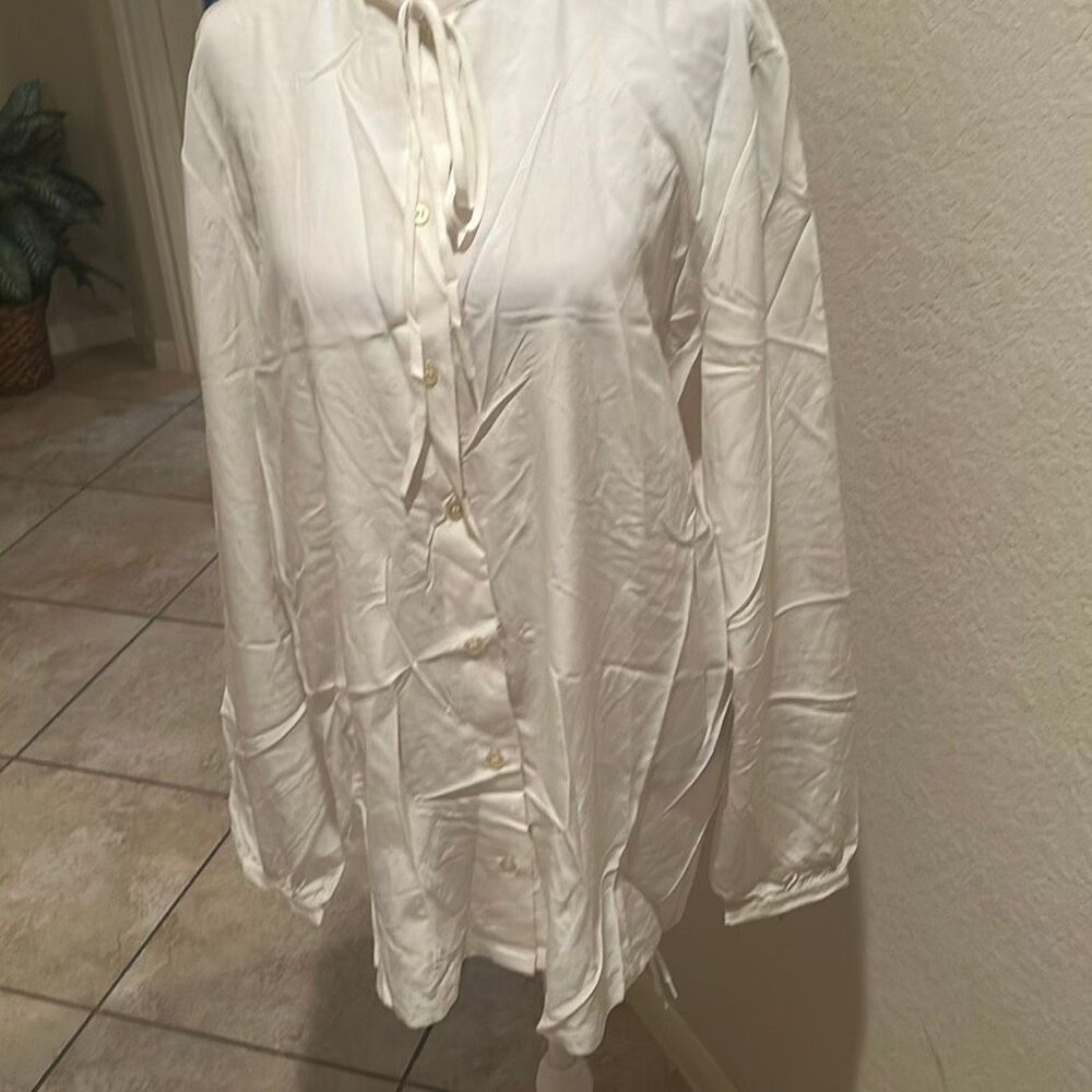 Fendi Italy 100% Silk Button Up Top Cream Tie Neck Chic Minimalist Quiet Luxury